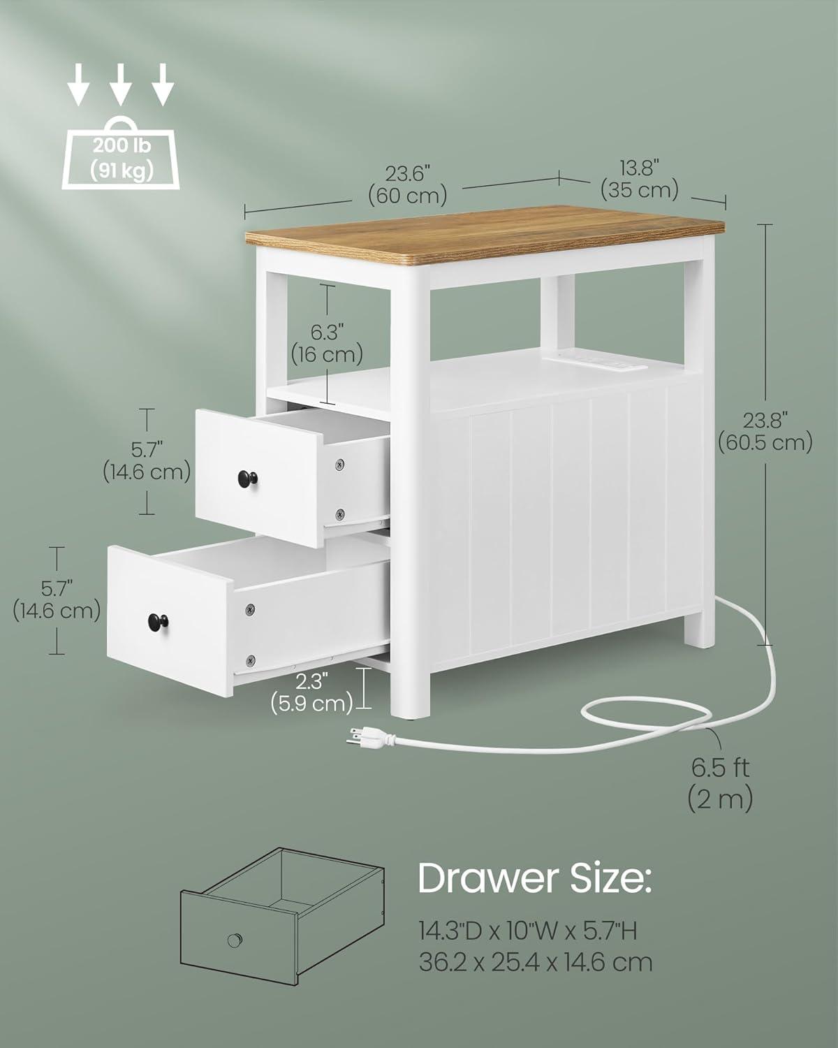 White and Walnut MDF Side Table with Storage and Charging Station