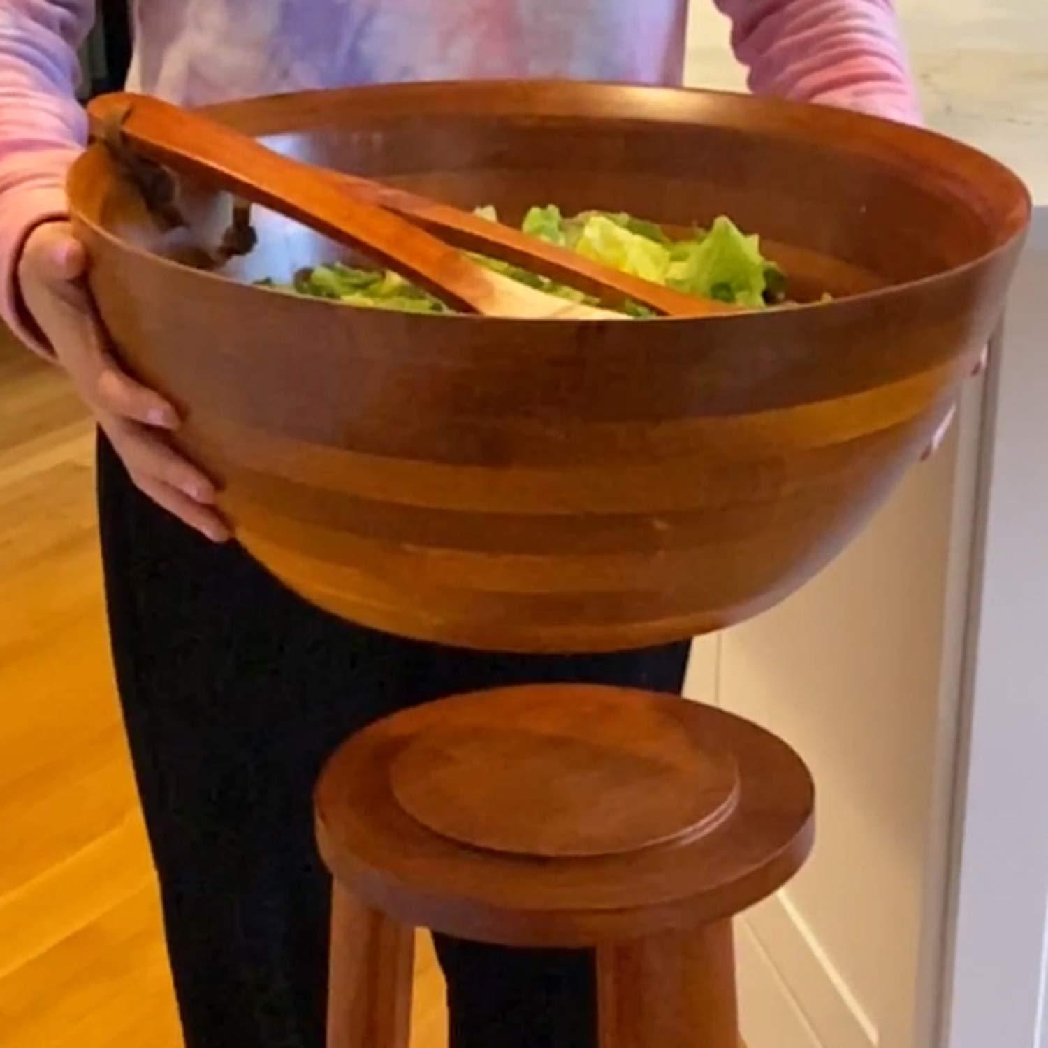 Extra Large Rubberwood Salad Bowl Set with Stand and Servers