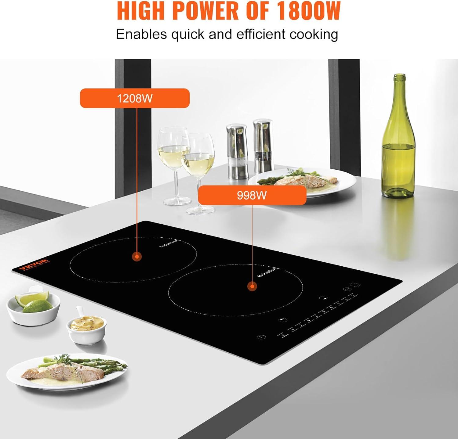 VEVOR Induction Cooktop, 1800W Electric Countertop Burner, 2 Burner Knob Control Stove, Built-in Induction Cooktop with 12 Temperature Settings, Glass Surface, Auto Shut-Off