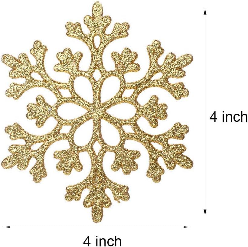 DearHouse 36Pcs Christmas Glitter Snowflake Ornaments, 4 Inch Plastic Snowflake Christmas Tree Ornaments Decorations for Winter Wonderland Christmas Party Decorations, Gold