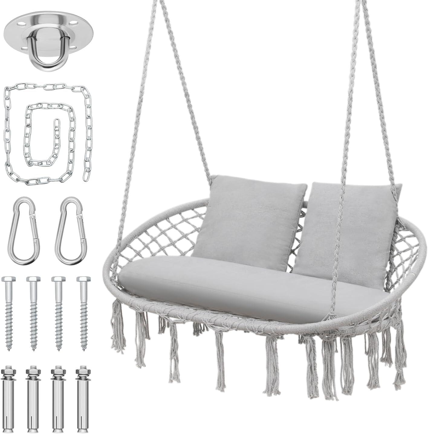 MoNiBloom 2-Person Hammock Chair Macrame Swing with Soft Cushion, Cotton Rope Hanging Chair for Indoor Outdoor Patio Backyard, 700lbs Capacity, Grey