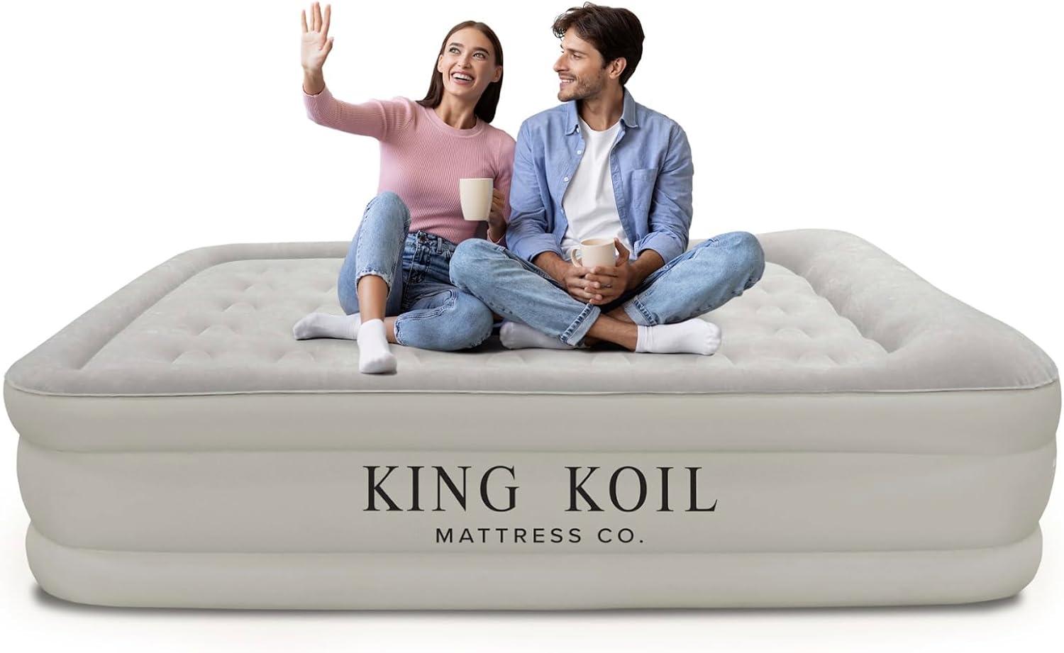 King Koil Pillow Top Plush Queen Air Mattress With Built-in High-Speed Pump Best For Home, Camping, Guests, Queen Size Luxury Double Airbed Adjustable Blow Up Mattress, Waterproof, 1-Year Warranty