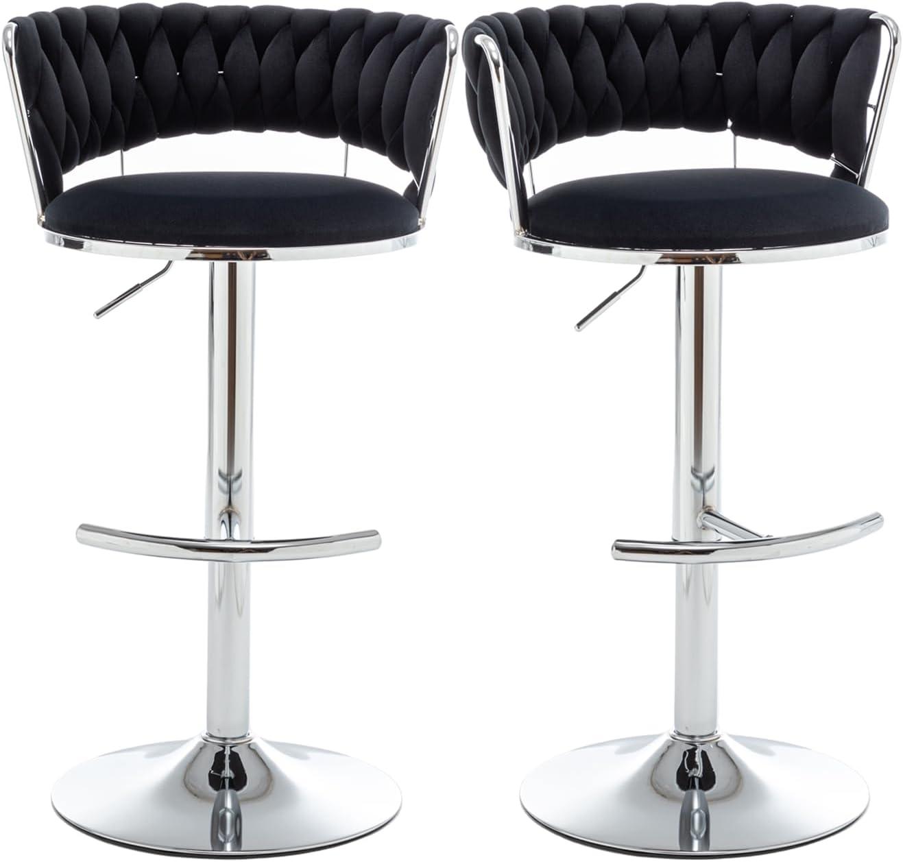Velvet Bar Stools Set of 2, Counter Height Barstools with Low Back, Swivel Bar Stool for Kitchen Island, Pub (Black)