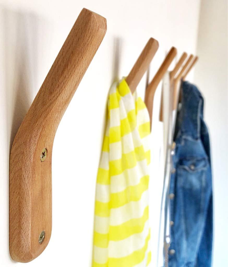 UMZi Wood Wall Hooks, 2 Pack Coat Hooks Mounted Rustic Wooden Heavy Duty Robe Hook Hat Rack | for Hanging Bathroom Towels Clothes Hanger (Beech Wood)