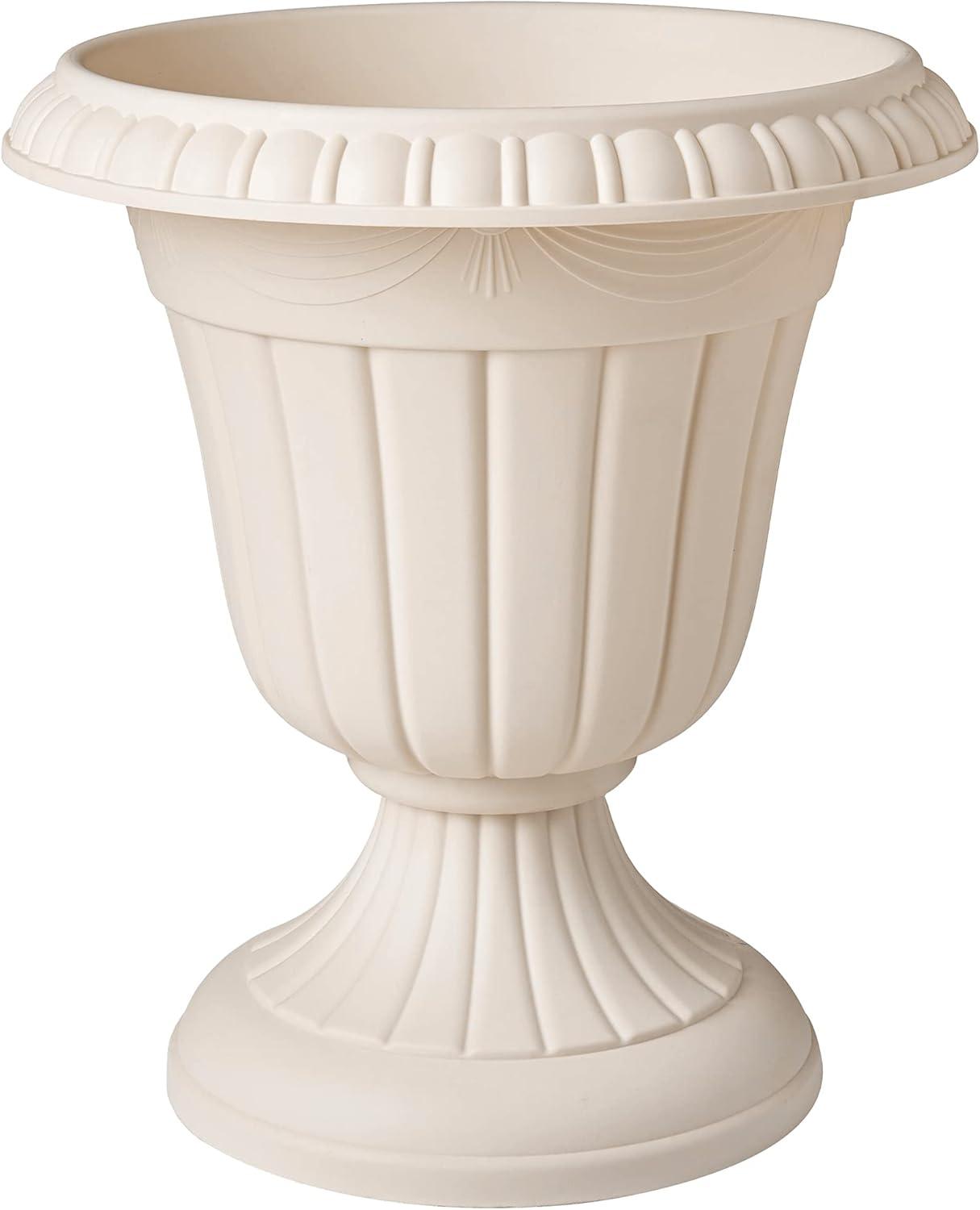 Classic Beige Traditional Plastic Urn Planter, 18" Height for Outdoor Spaces