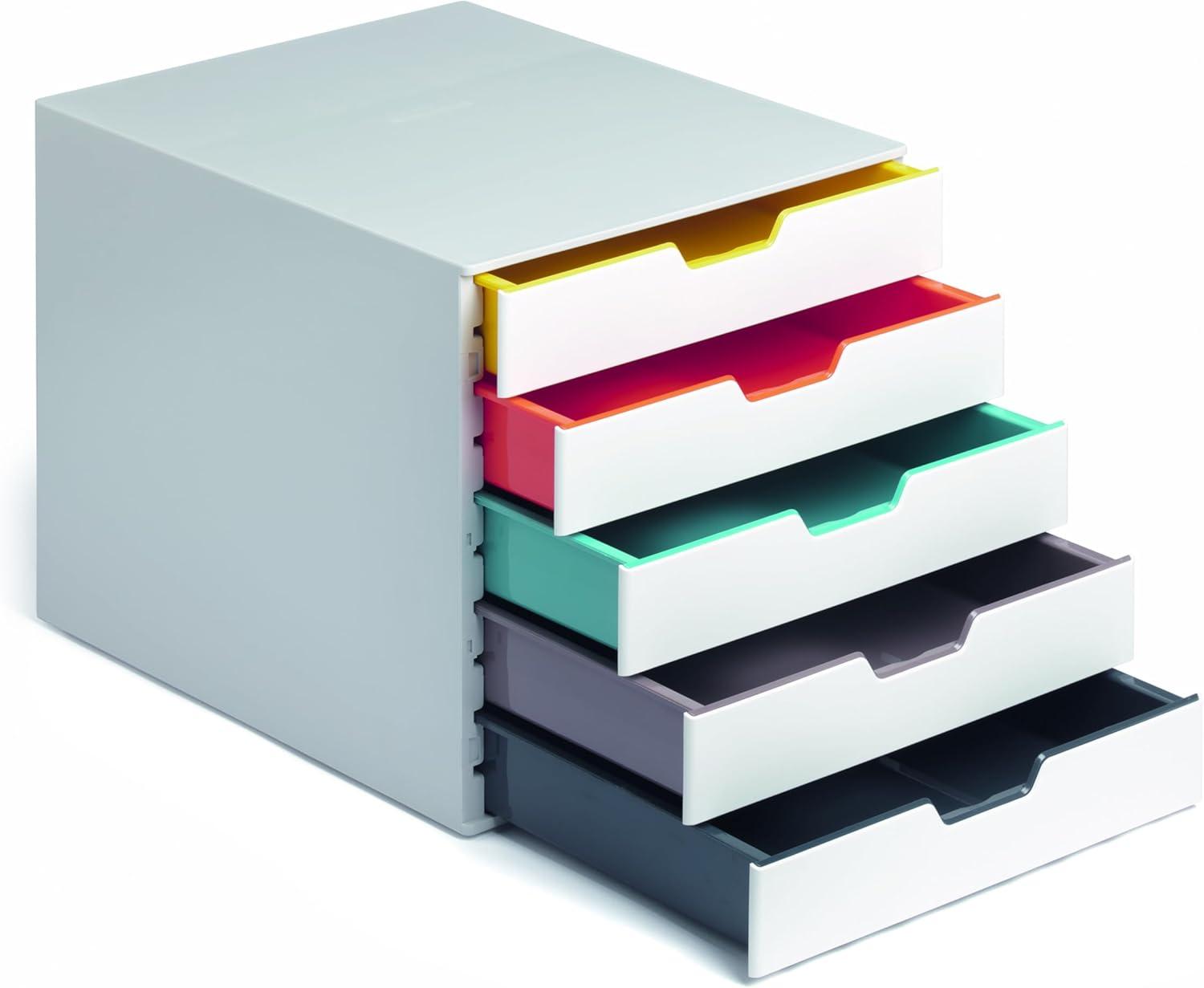 Durable Varicolor Mix 5 Drawer Desktop Storage Box, White/multicolor - 5 Drawer(s) - 11" Height X 11.5" Width X 14" Depth - Desktop - White, Multicolor - Plastic - 1 / Each