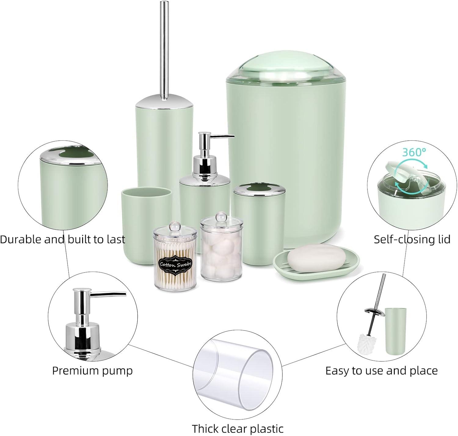 Green Plastic 9-Piece Bathroom Accessories Set with Labels
