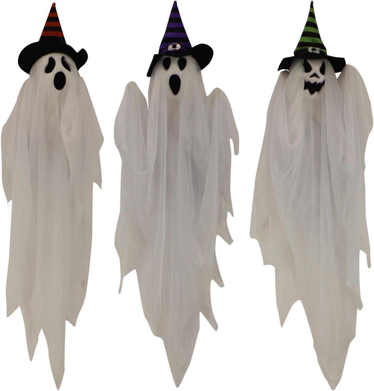 Set of 3 Hanging White Ghosts with Witch Hats