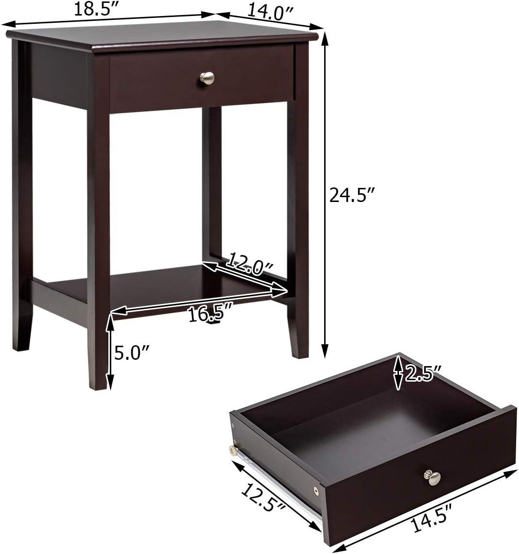Tangkula End Table Nightstand w/Drawer & Shelf Bedroom Living Room Furniture Brown