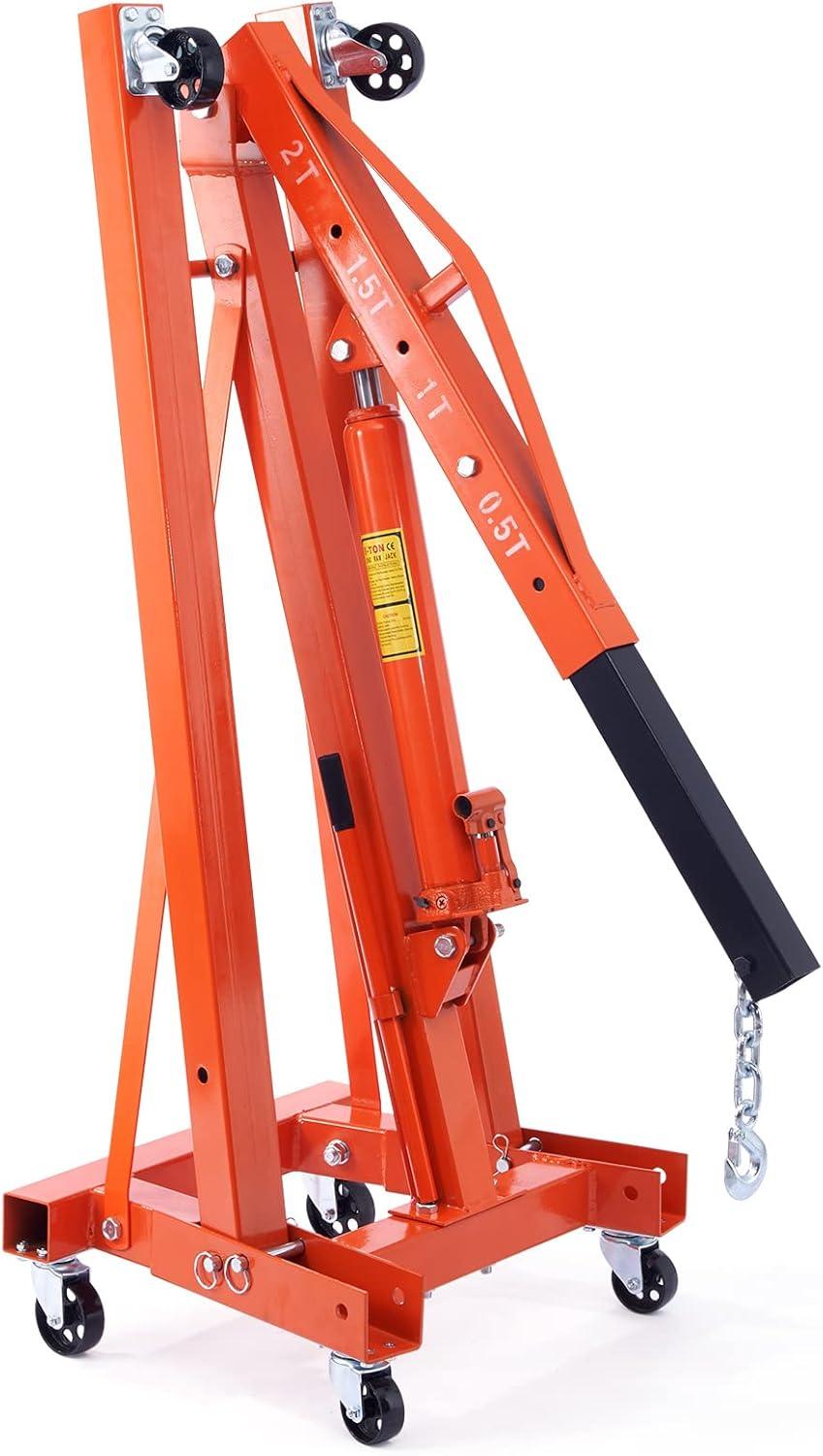 BENTISM 2T Folding Engine Crane Movable Engine Hoist with Load Leveler 4400 lbs/2 ton Heavy-Duty Cherry Picker Shop Crane Adjustable Boom Engine Crane