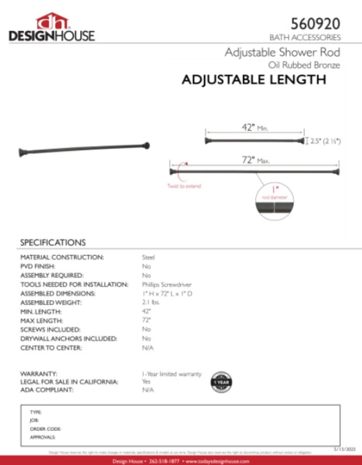 Design House Classic Adjustable Straight Tension Shower Curtain Rod for Bathroom