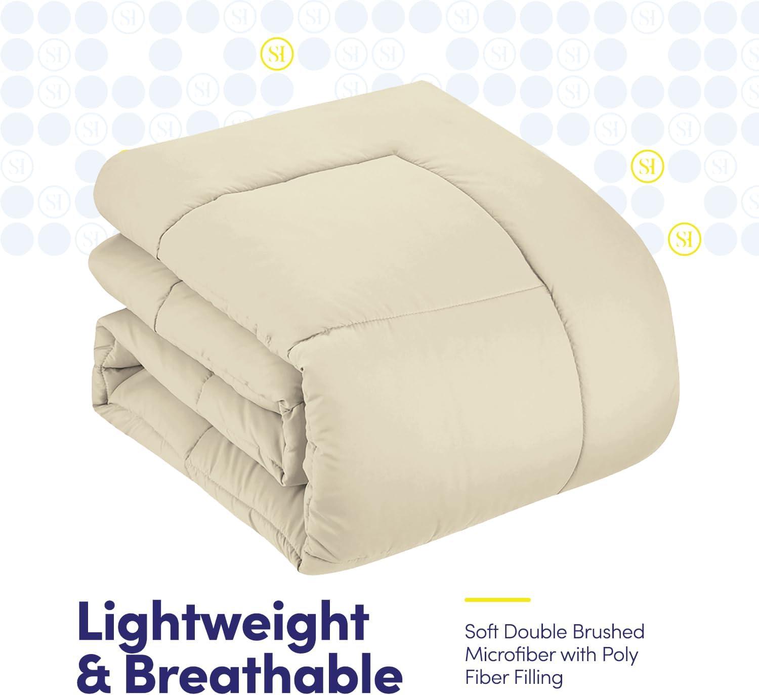 Bed-in-A-Bag Solid Color Comforter & Sheet Set Soft All Season Bedding, Queen, Beige
