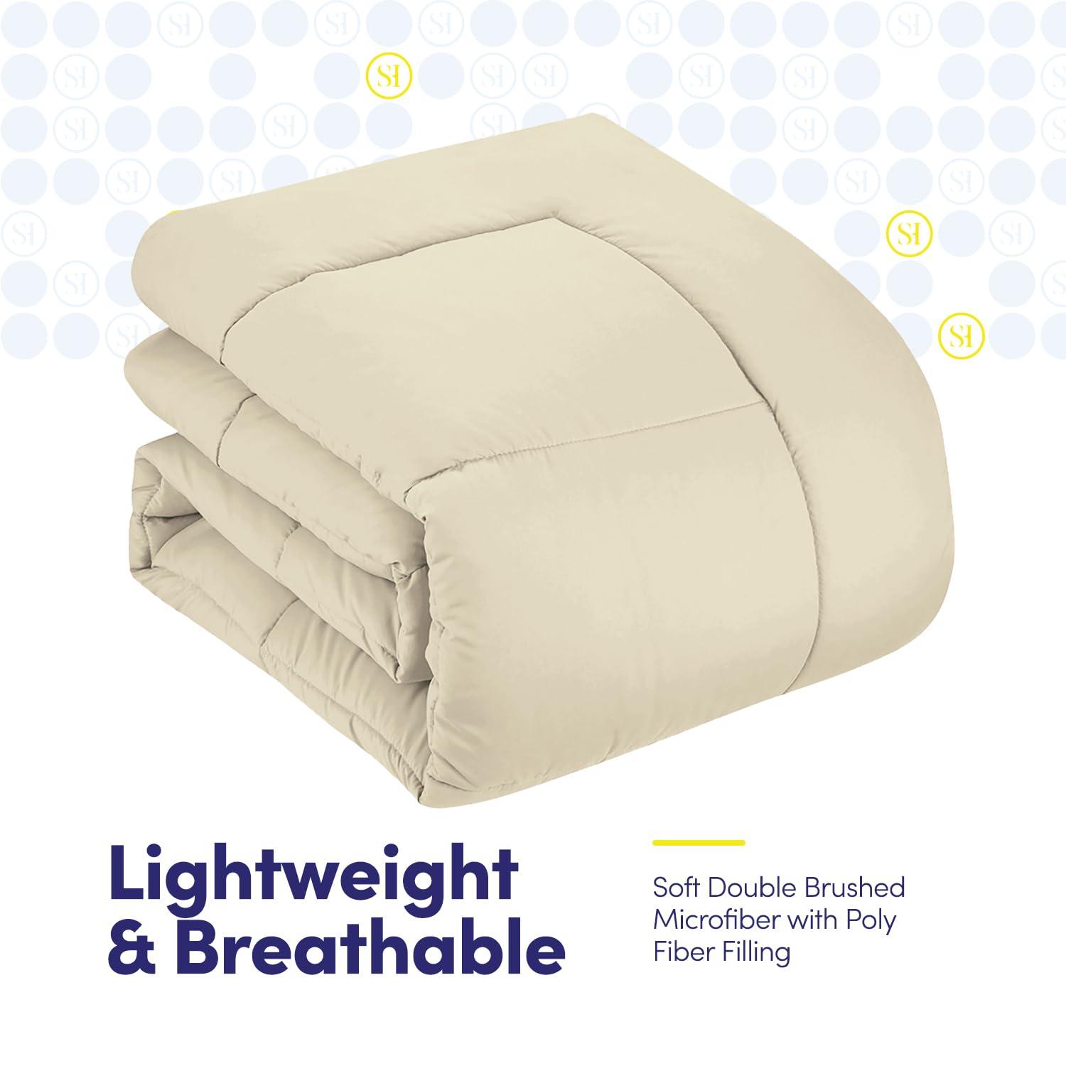 Bed-in-A-Bag Solid Color Comforter & Sheet Set Soft All Season Bedding, Queen, Beige