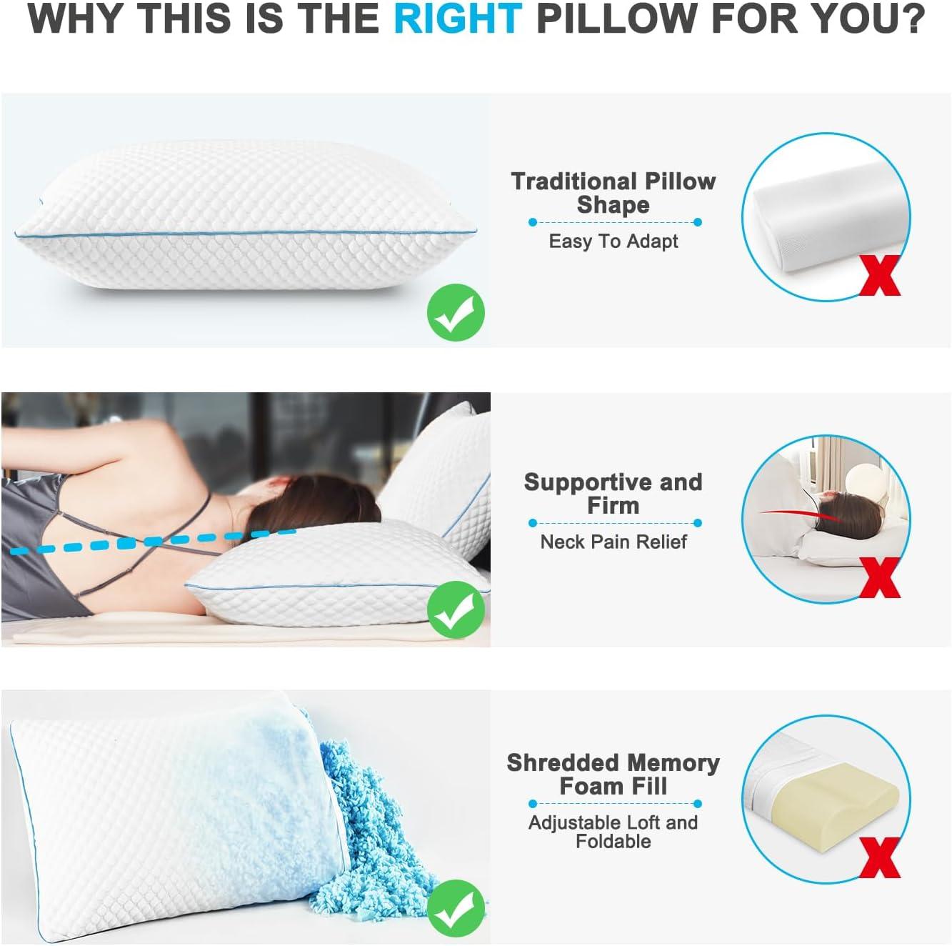 Arsny Cooling Pillow, Shredded Memory Foam Pillows, Adjustable Bed Pillows for Back Pain, Neck & Side Sleepers,Queen of 2 Pack