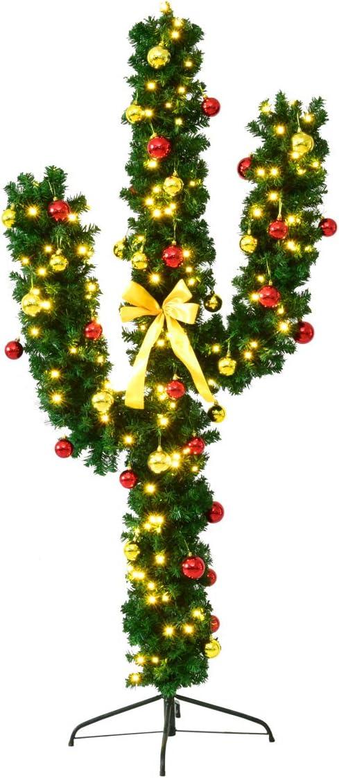 5Ft Cactus Christmas Tree,Artificial Xmas Tree With 90 LED Lights And Bowknot