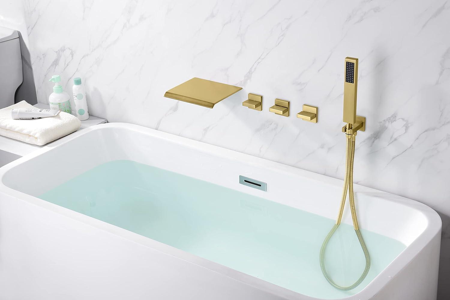 SUMERAIN Wall Mounted Bathtub Faucet with Handheld Shower, Waterfall Tub Faucet Filler, Brushed Gold