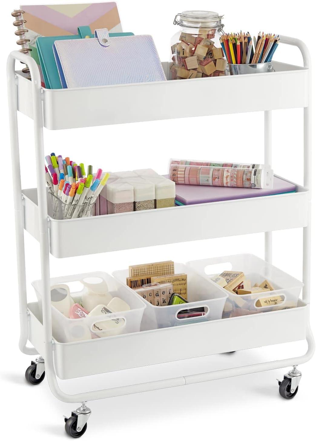 Hudson White 3-Tier Metal Rolling Cart by Simply Tidy - Multi-Functional Storage Cart for Home, Office, and Kitchen - 1 Pack