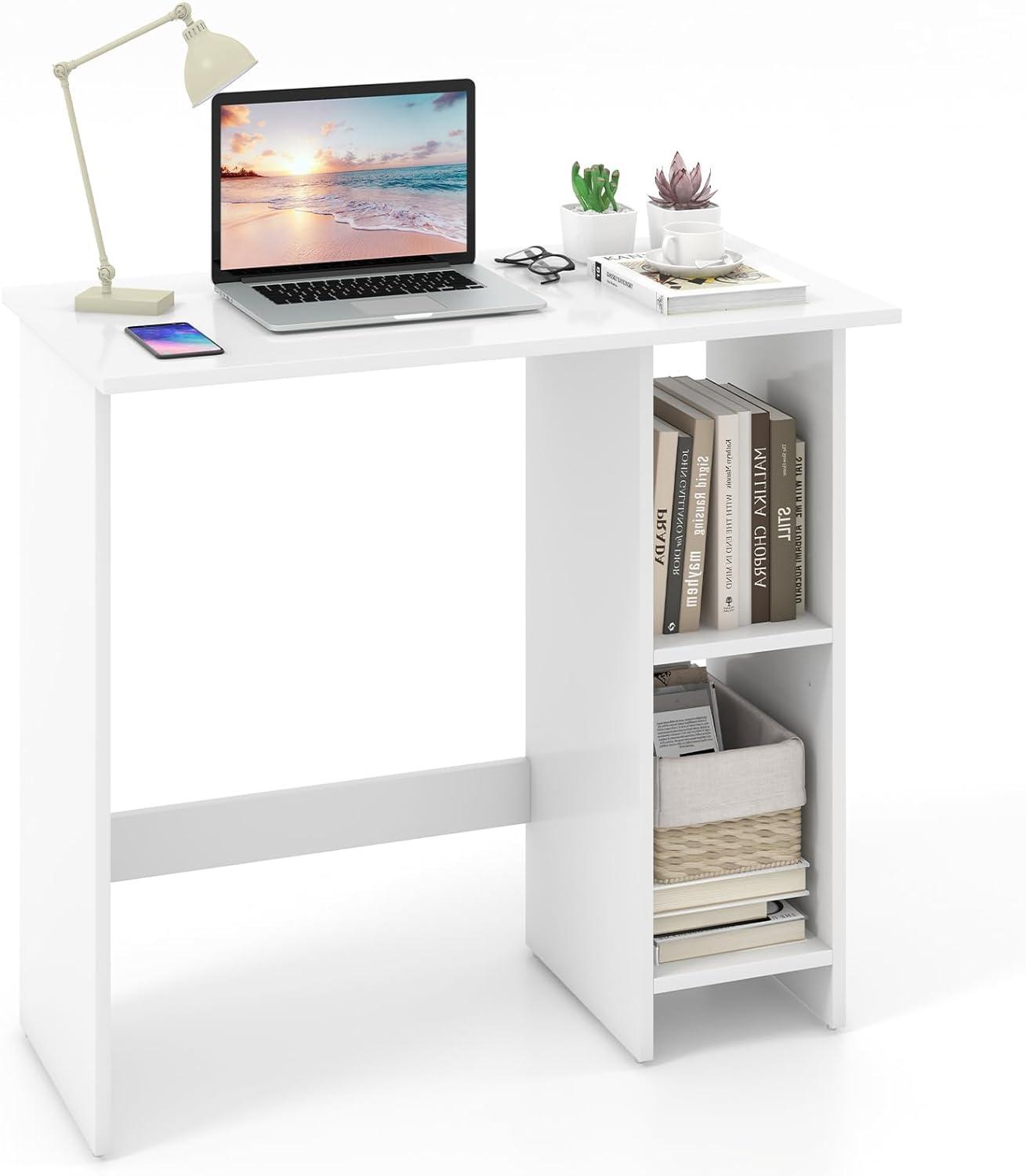 Giantex Small White Desk, Compact Study Writing Desk with 3-Position Adjustable Shelf, Anti-Toppling Kit, Modern PC Laptop Table, Home Office Computer Workstation for Small Space Bedroom Dorm