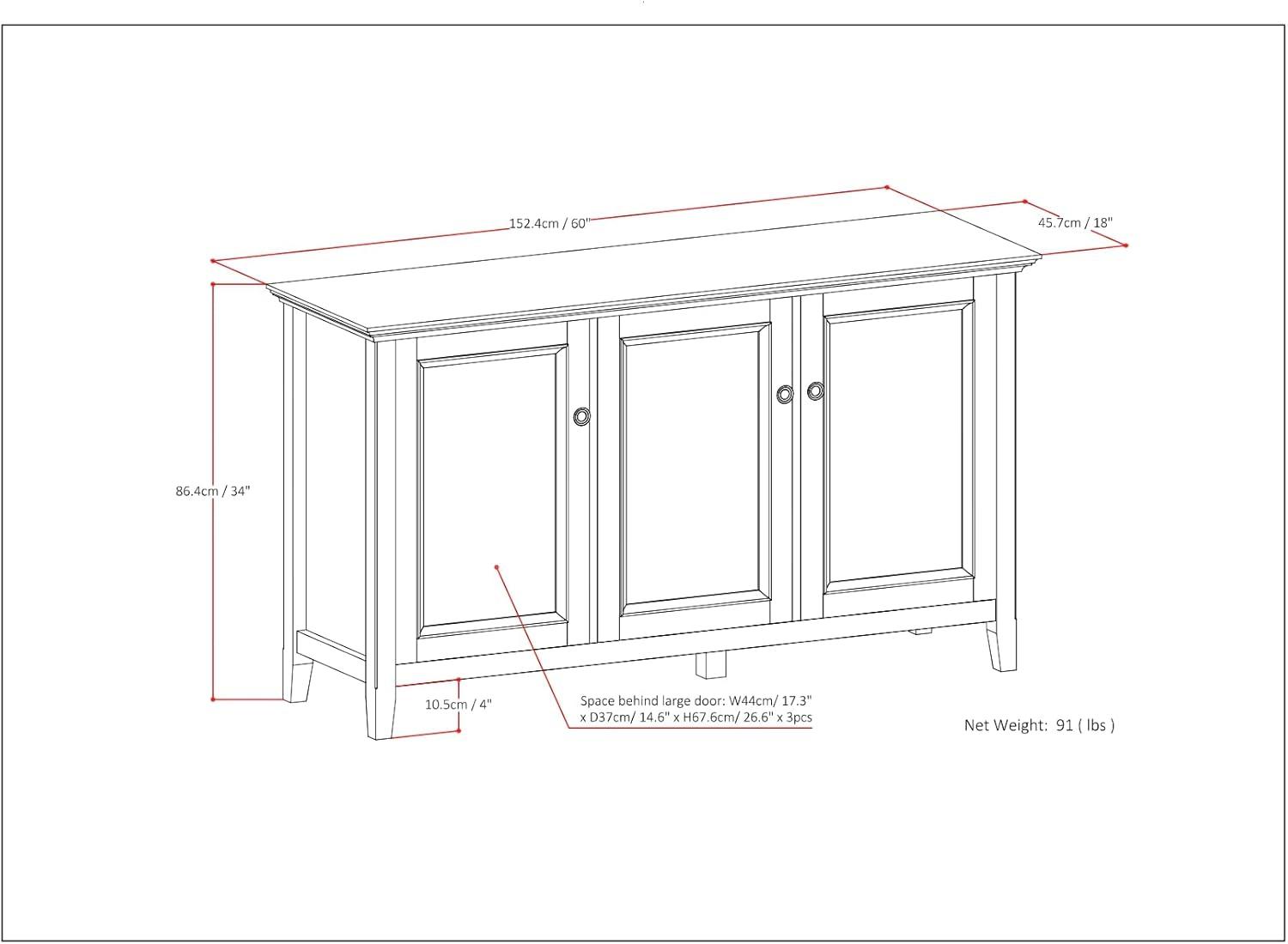 Simpli Home Amherst 32"W Solid Wood 2-Shelf Low Storage Cabinet with Adjustable Shelves and Tapered Legs
