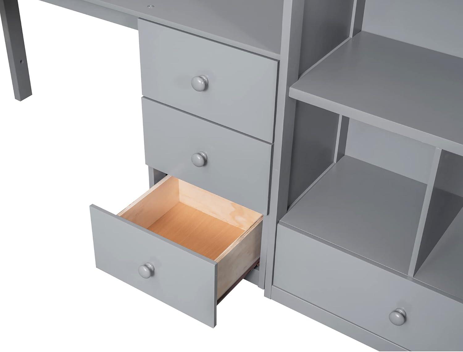 Twin Size Loft Bed with Staircase and L-Shaped Desk, Wooden Loft Bed with Storage Shelves and Drawers, Twin Loft Bunk Bed Frame for Kids Boys Girls Teens, No Box Spring Needed (Gray)