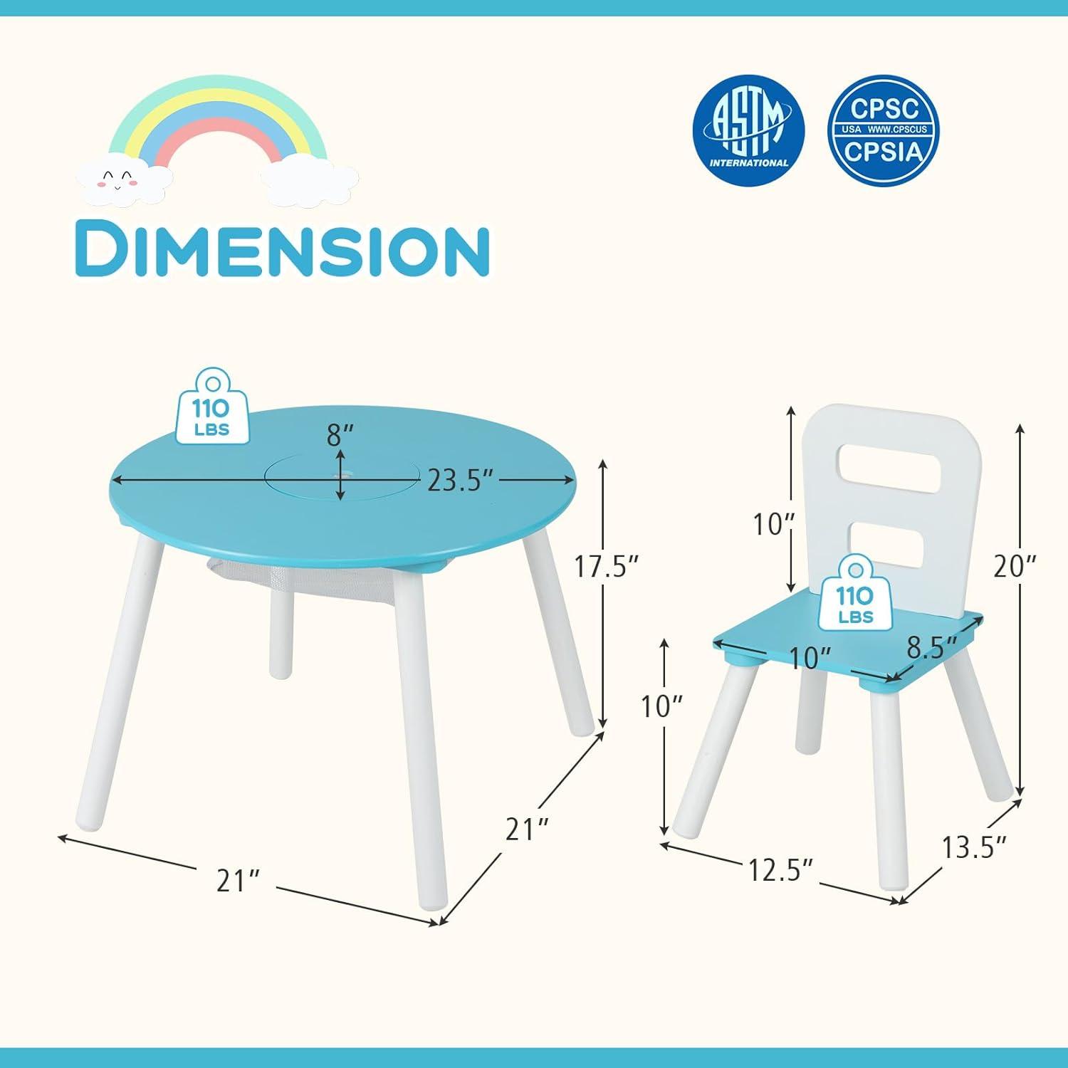 INDSUMOT Kids Table and Chair Set, Wooden Children Activity Table and 2 Chairs for Art & Craft, Storage Mesh Basket, 3-Piece Toddler Furniture Set for Daycare & Playroom, Gift for Boys Girls(Blue)