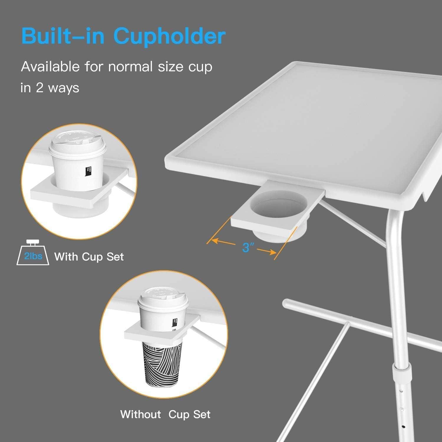 White Adjustable Folding TV Tray Table with Cup Holder