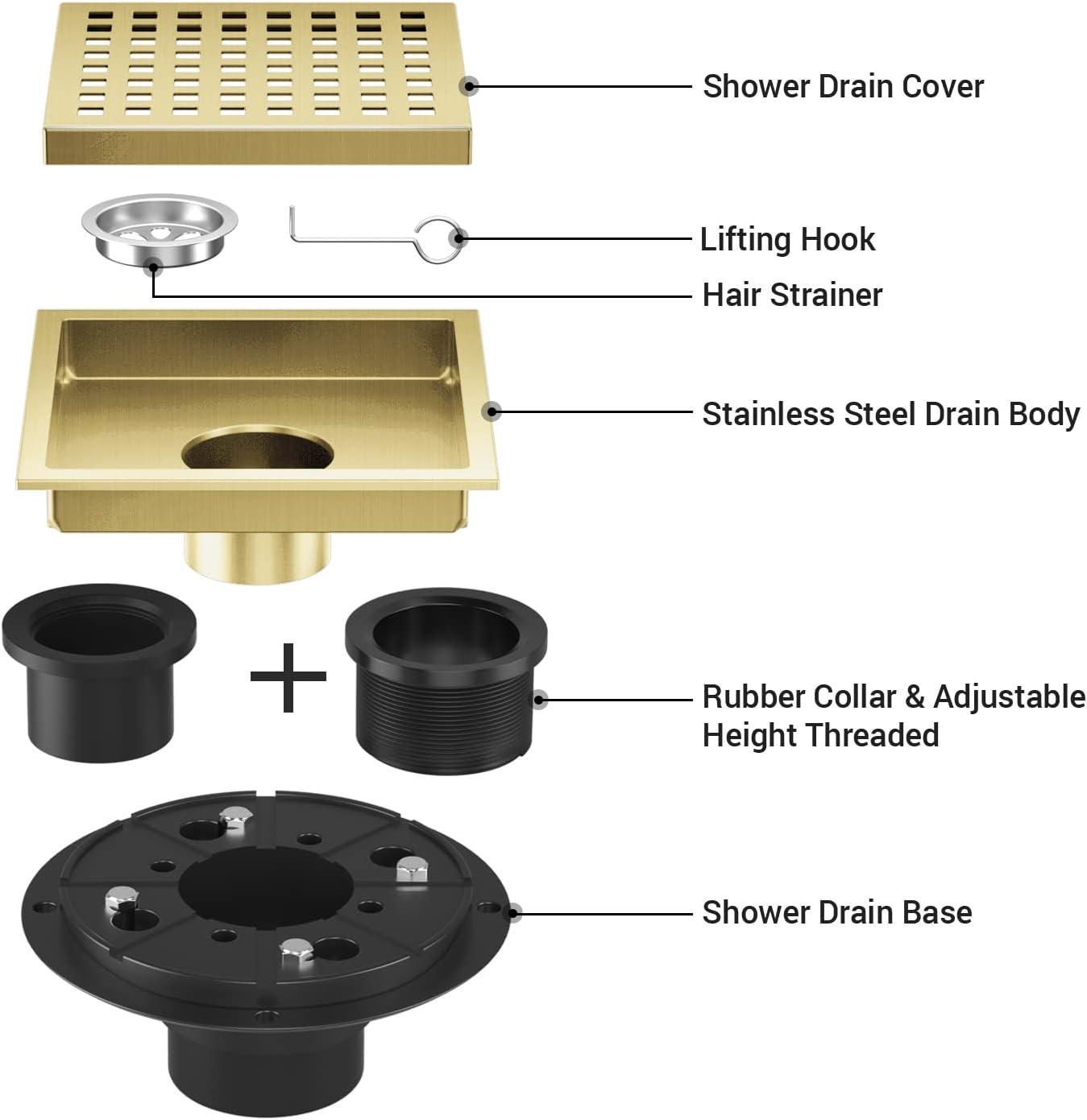 6-Inch Brushed Gold Stainless Steel Square Shower Drain