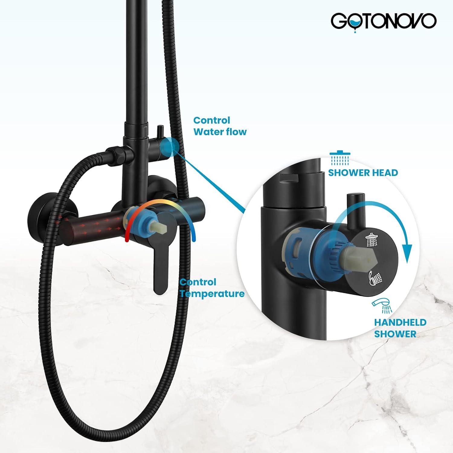 gotonovo Matte Black Outdoor Shower Fixture Rainfall Single Handle Shower System Set High Pressure Wall Mount 2 Dual Function 8 Inch Shower Head and Handheld Spray SUS304 Shower Faucet Combo