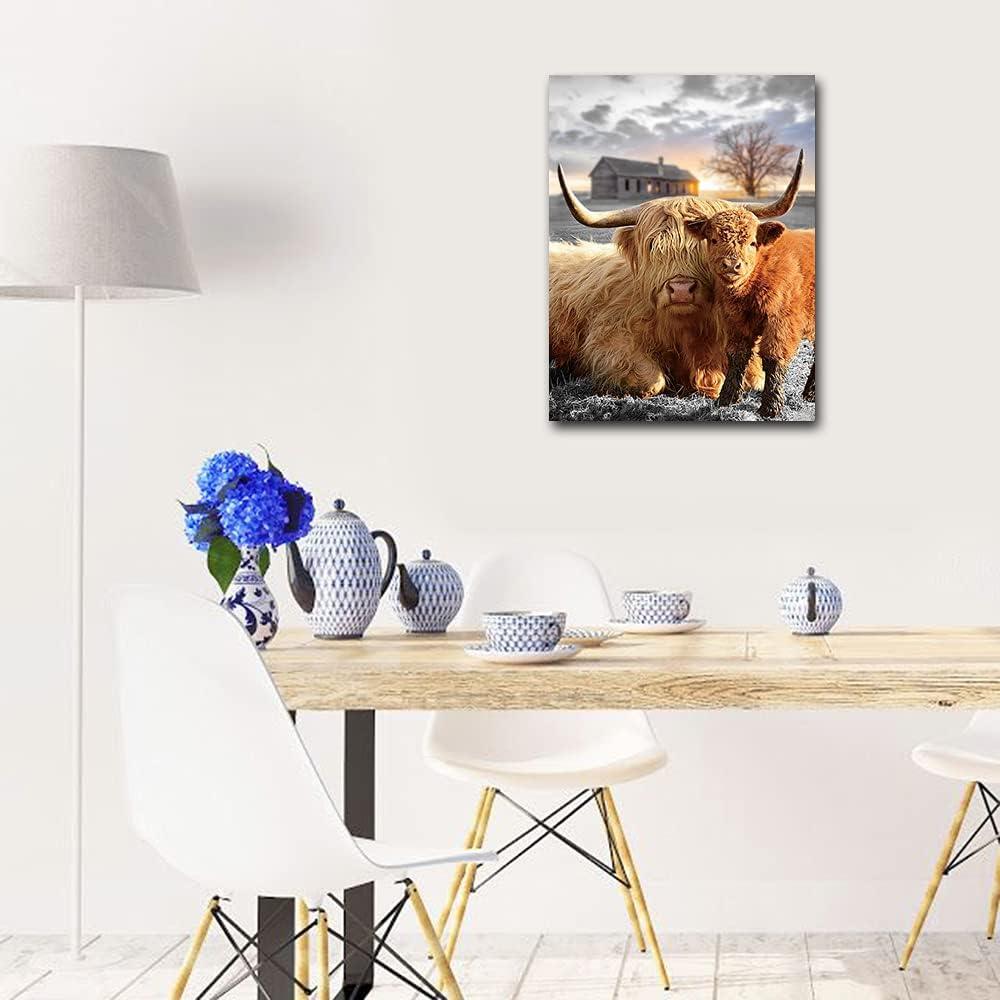 JEUXUS Highland Cow Wall Decor Cute Fluffy Cow Cattle Pictures Wall Art Farmhouse Longhorn Animal Canvas Print Painting Framed Modern Home Artwork Decorations For Bedroom Bathroom Office Kitche