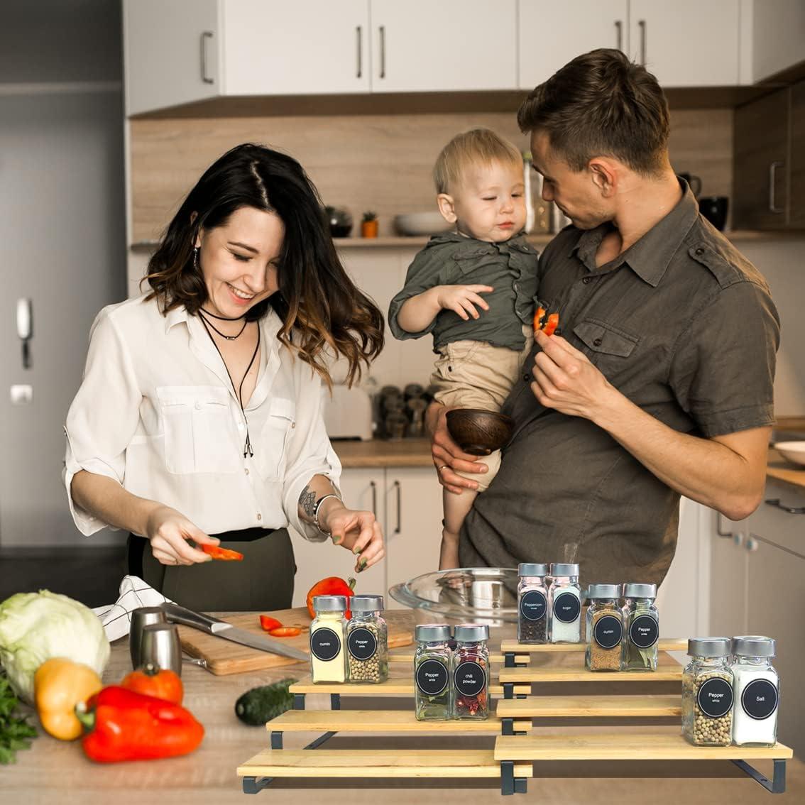 Expandable Bamboo and Metal 4-Tier Spice Rack Organizer