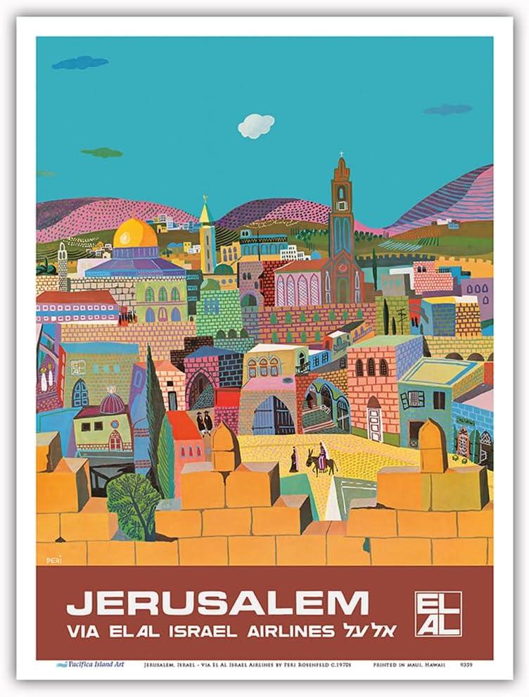 Jerusalem Israel - via El Al Israel Airlines - Vintage Airline Travel Poster by Peri Rosenfeld c.1970s - Master Art Print (Unframed) 9in x 12in