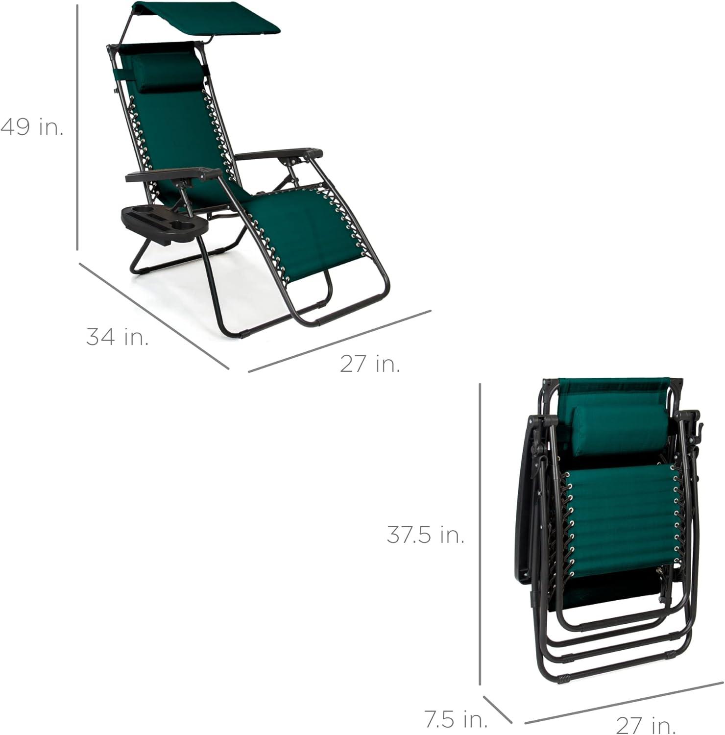 Best Choice Products Folding Zero Gravity Recliner Patio Lounge Chair w/ Canopy Shade, Headrest, Tray - Forest Green