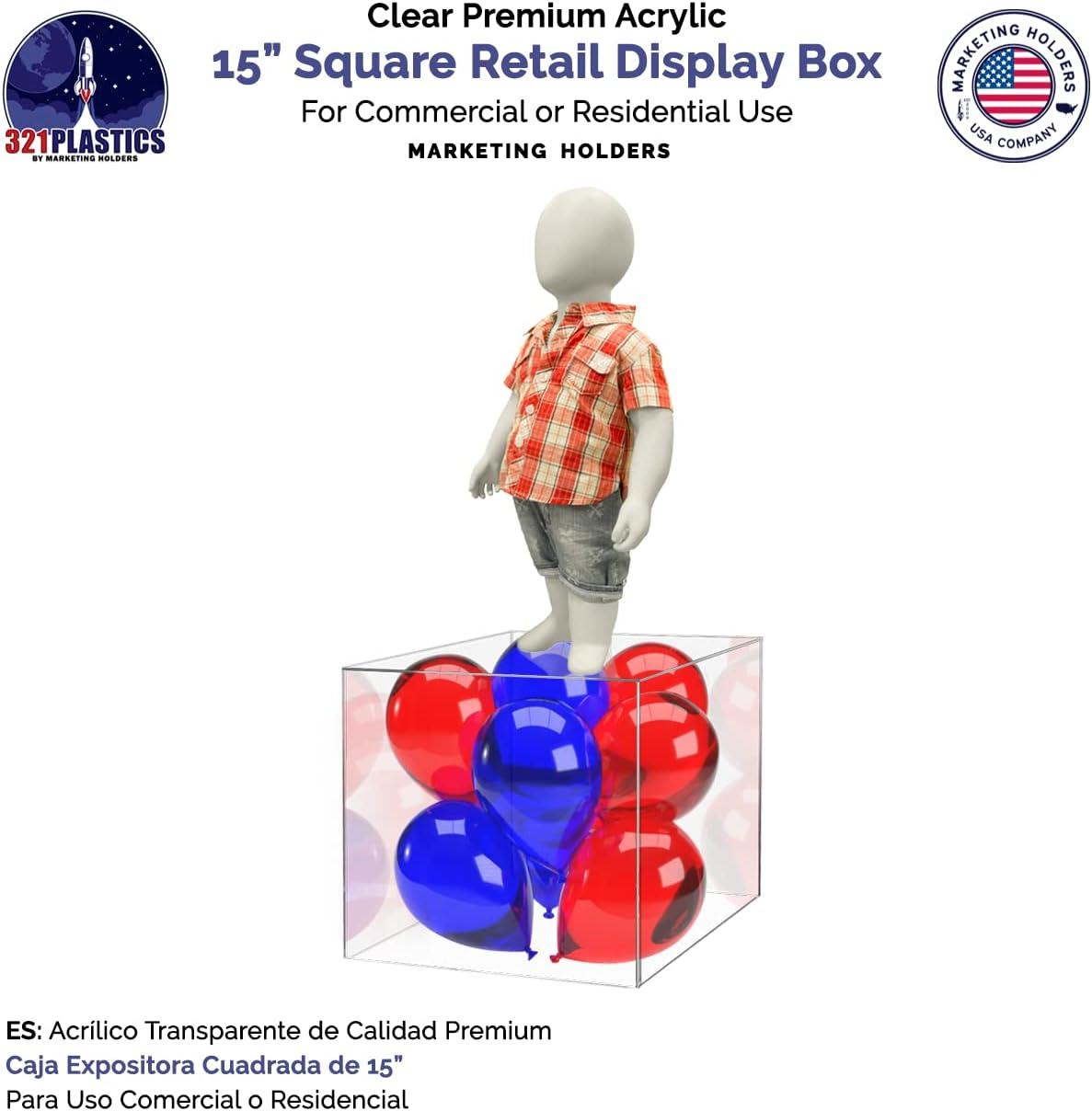 15" Clear Acrylic Display Riser Box with One Open Side No Lid Versatile One Piece Square Plastic Merchandise Storage Bin or Retail Product Riser No Assembly by Marketing Holders