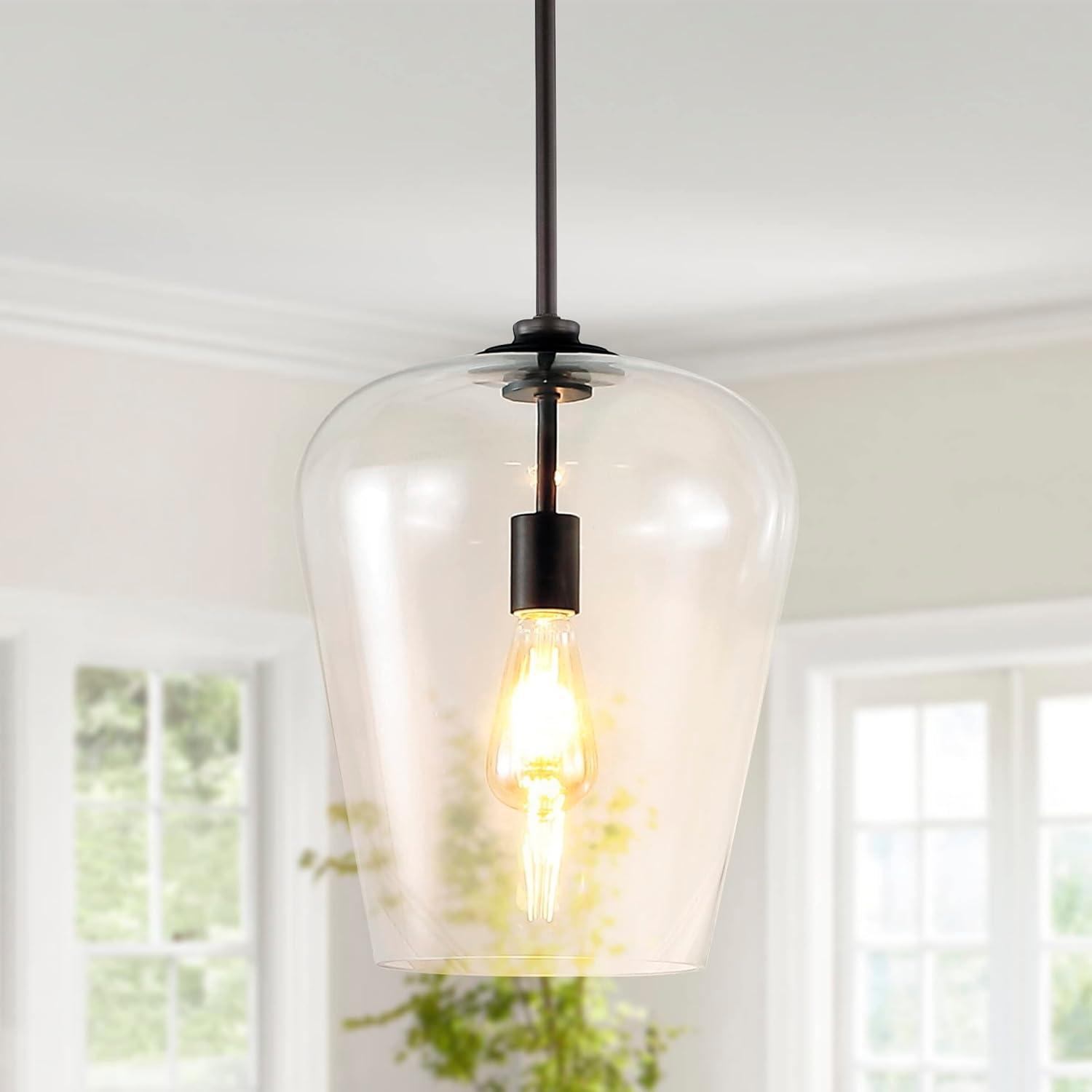 Hayes 11.25" 1-Light Industrial Farmhouse Iron/Glass LED Pendant, Oil Rubbed Bronze/Clear