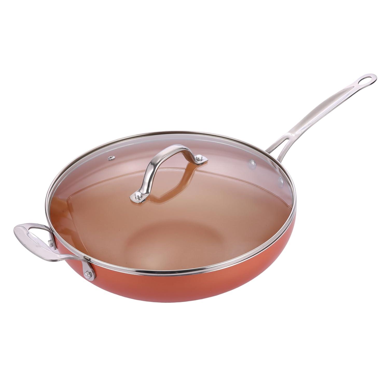 Master Pan Masterpan Chef's Wok & Glass Lid, Copper Color Ceramic Non-Stick Coating, 12"