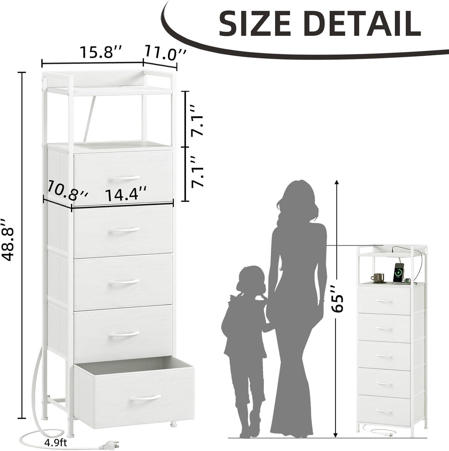 Eunos White Tall Nightstand with Charging Station, 5 Fabric Drawer Dresser for Bedroom with LED and Handle
