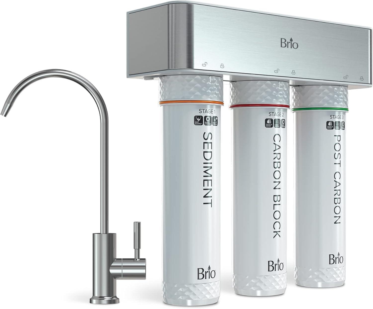 Brio 3 Stage Under Sink Filtration System, 950-Gallon Capacity Sediment and Carbon Filters Included