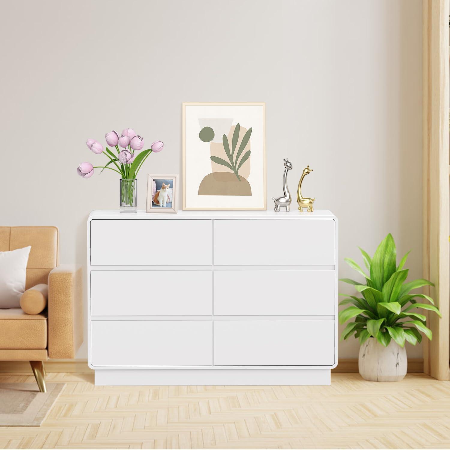 55" Storage Cabinet, Double Dresser with 6 Drawers, Freestanding Storage Dresser with Cutout Handle and Anti-Tilt Devices for Bedroom, Hallway, Entryway, Living Room, White