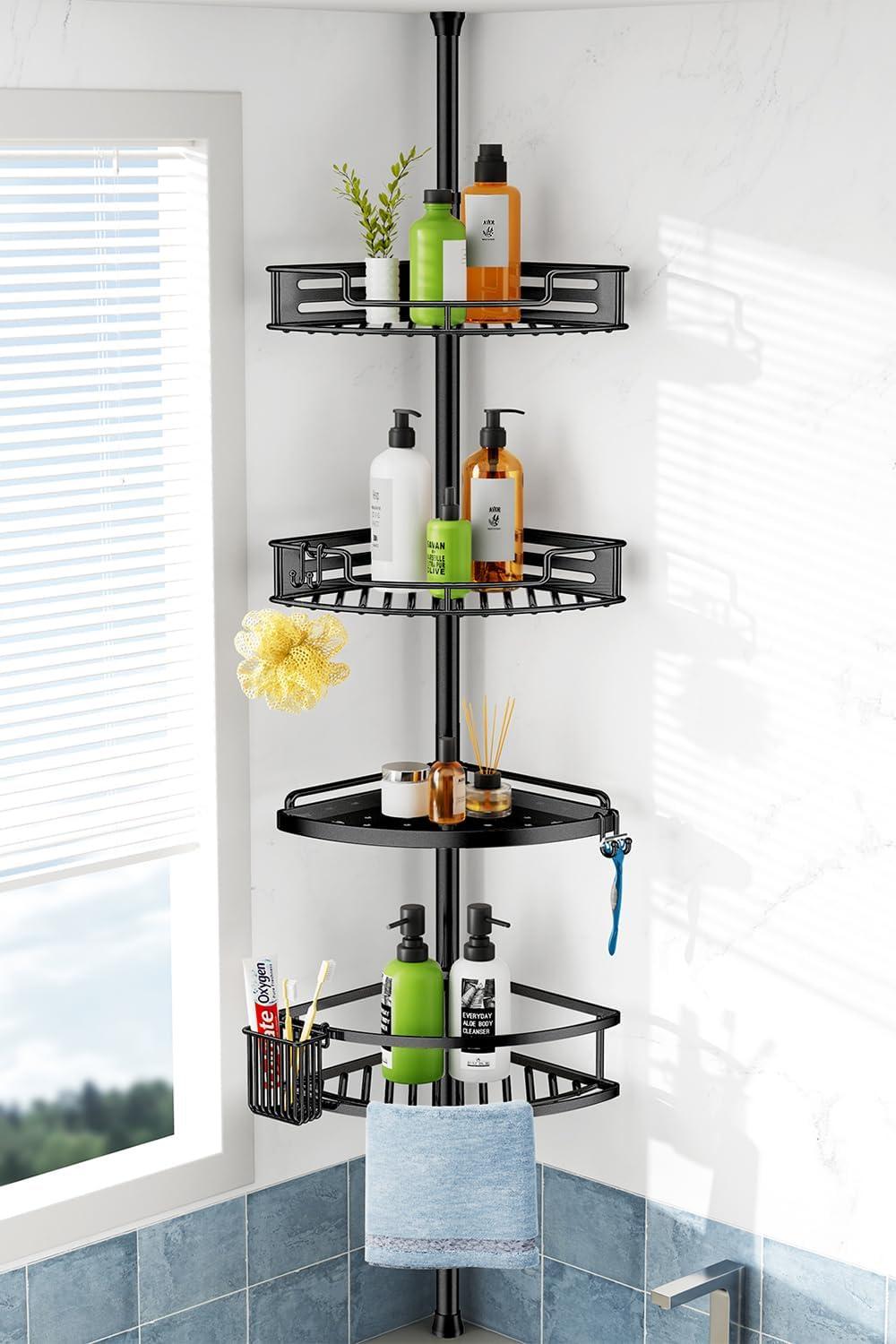 Corner Shower Caddy Tension Pole: Rust Proof 4Tier Shampoo Storage Organizer for Inside Shower - Telescoping Rod Shower Rack for Bathroom and Bathtub - Restroom Floor Standing Bath Rack Holder Black