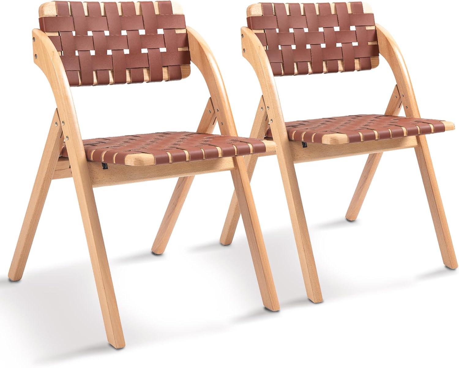 Folding Chairs Set of 2, Wooden Foldable Dining Chairs, Stackable Folding Extra Chair with Breathable Leather-Woven Design for Indoor & Outdoor, Brown