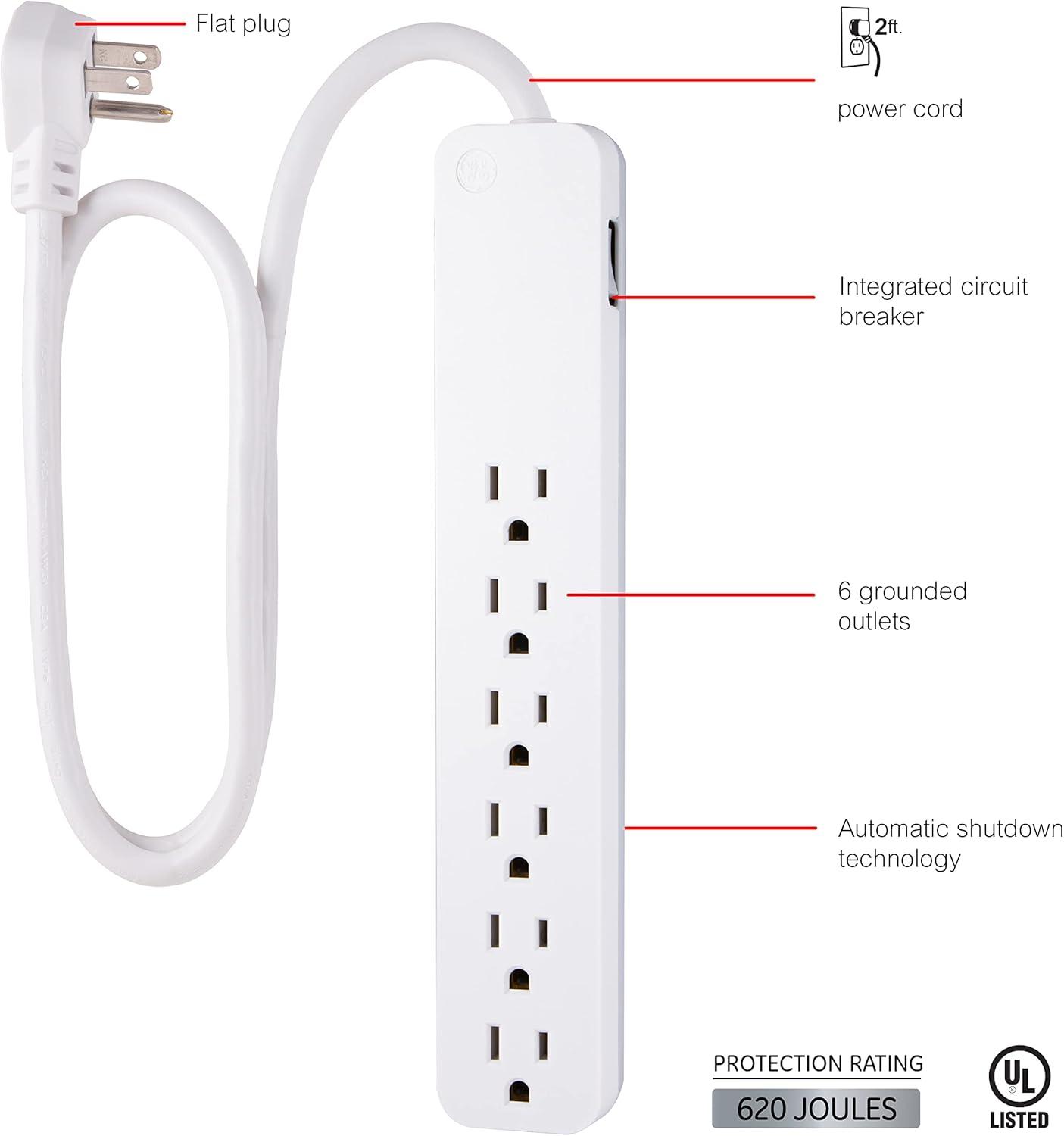 GE Pro 6-Grounded Outlet Surge Protector, 2ft., White - 40532