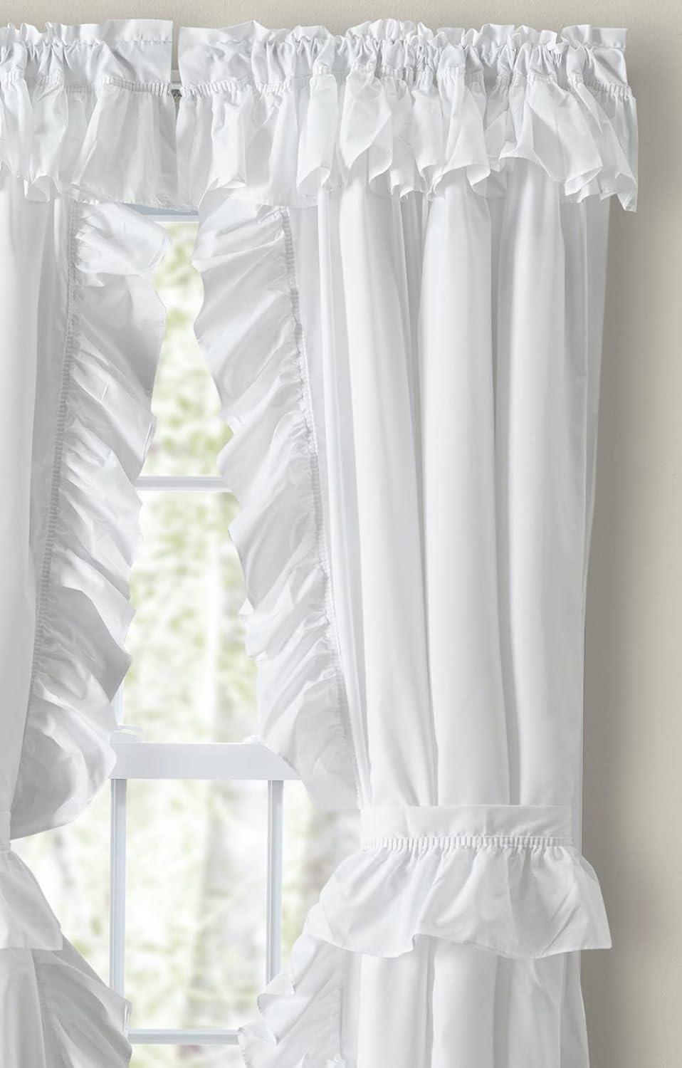 White Ruffled Cotton Polyester Rod Pocket Curtain Panel Pair