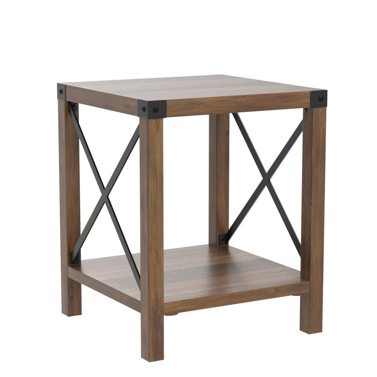 Farmhouse Metal-X End Tables with Lower Shelf in Rustic Oak (Set of 2)