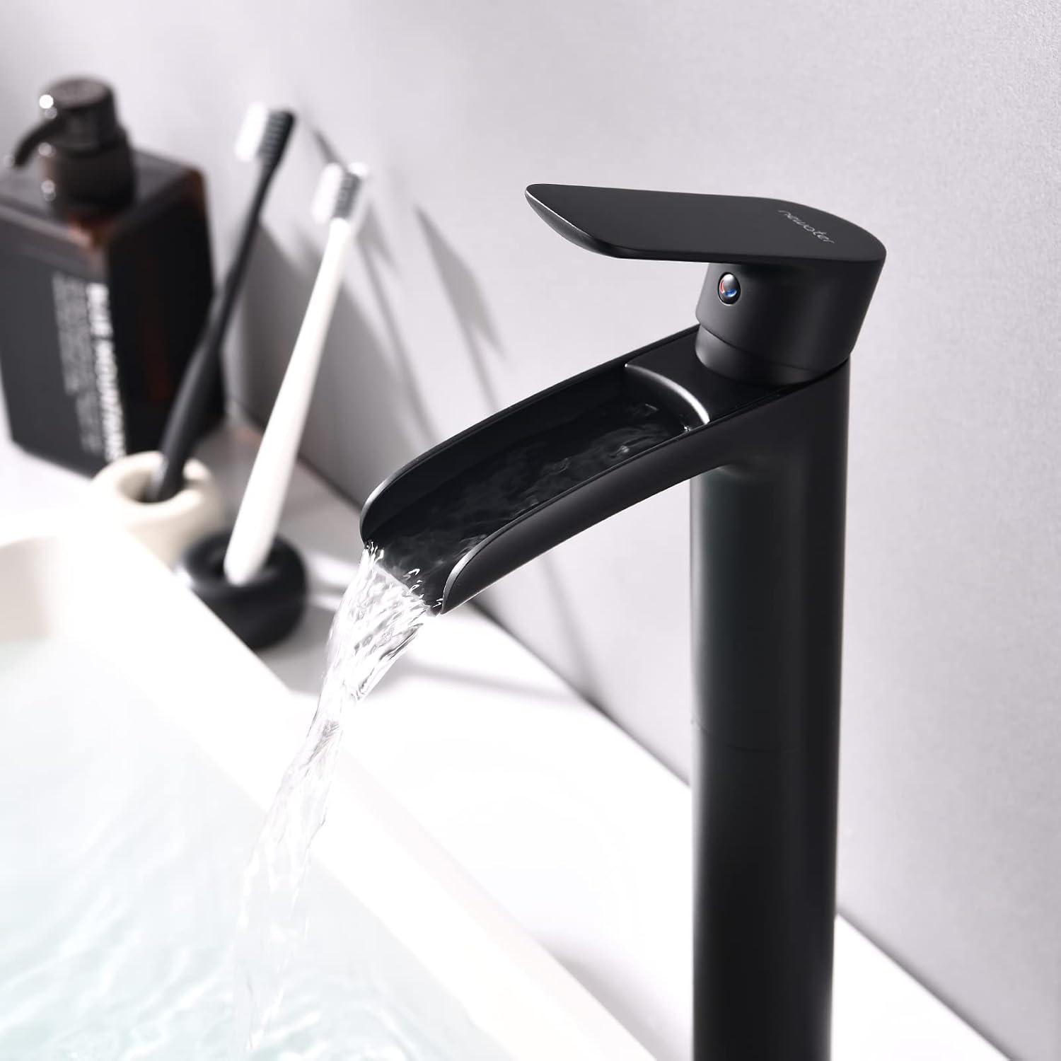 NEWATER Matte Black Tall Bathroom Vessel Sink Faucet, Single Hole Single Handle Waterfall Modern Bathroom Faucet, Vanity Faucet with Water Supply Line