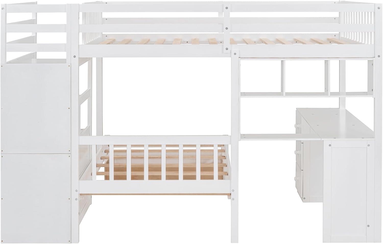 Harper & Bright Designs Full Over Twin Bunk Bed with Stairs, Storage Drawers, Full Size Loft Bed Frame with Desk and Shelves, White