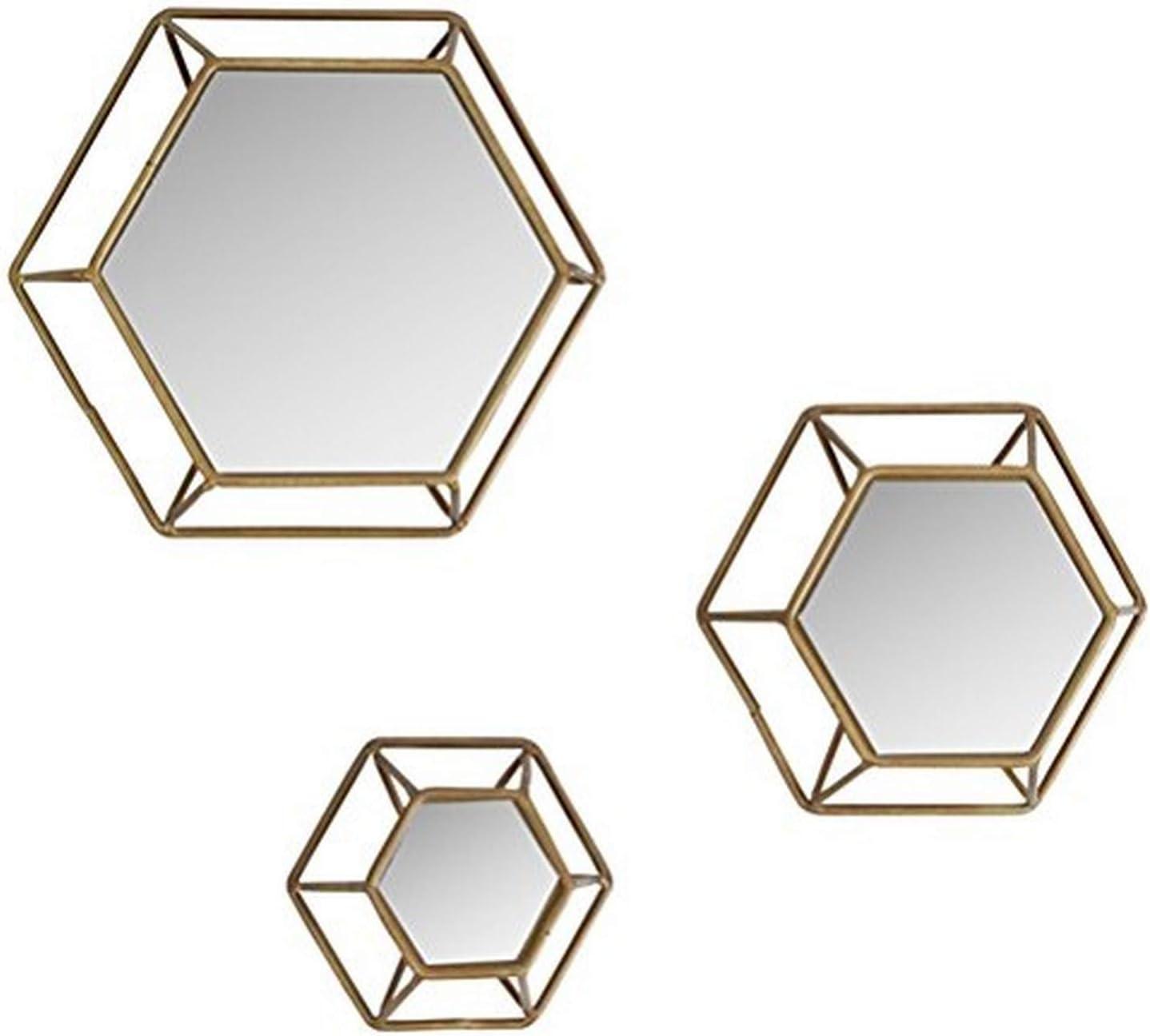 Antique Brass Hexagonal 3D Wall Mirror Set of 3