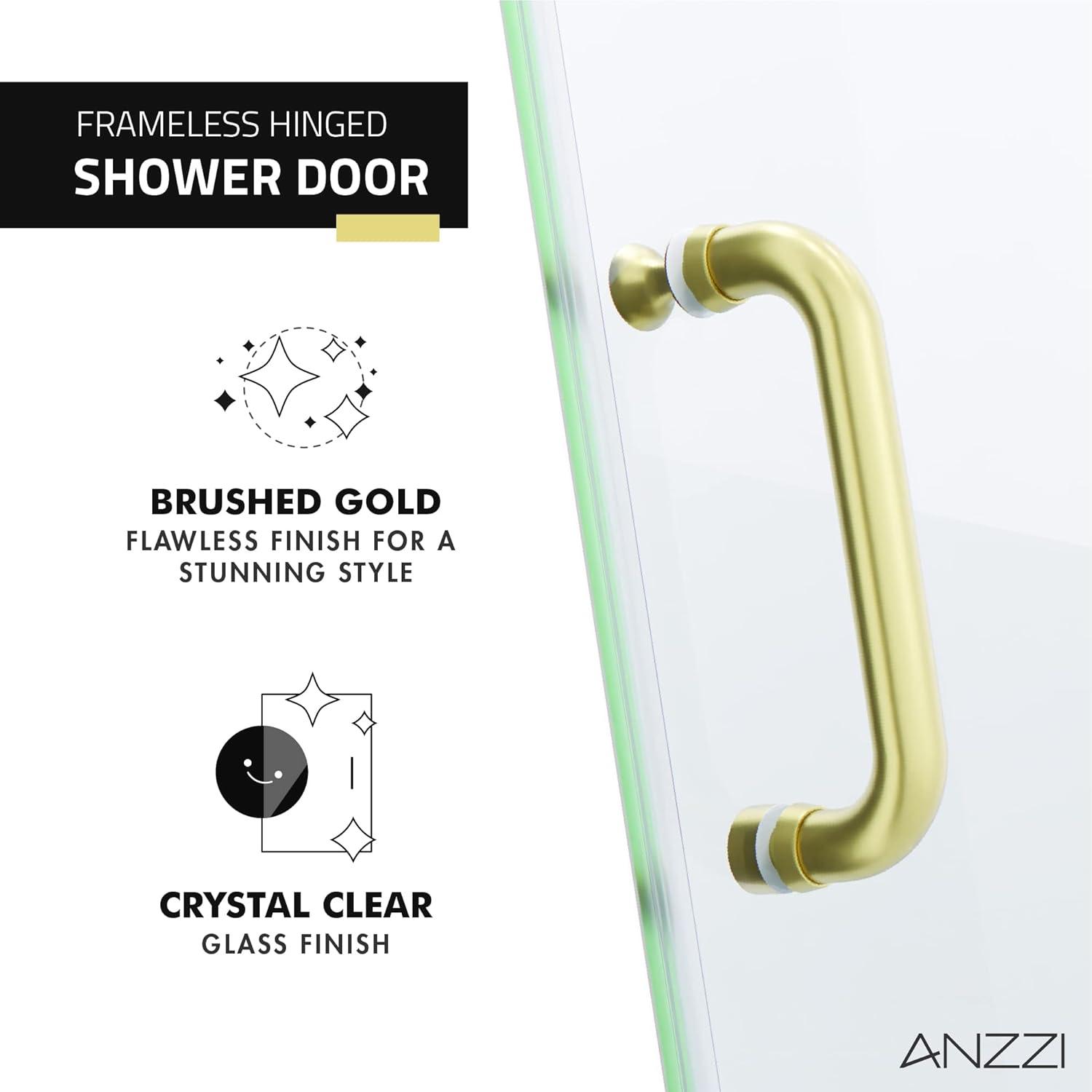 ANZZI Fellow Series 30 In. X 72 In. Frameless Hinged Shower Door With Stainless Steel Handle In Brushed Gold