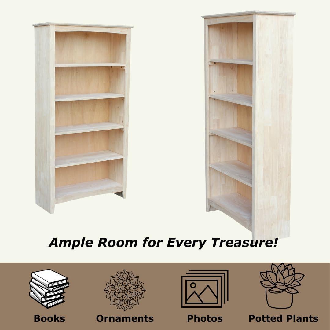60" Shaker Bookshelf Unfinished - International Concepts: Solid Parawood, 5-Shelf Storage