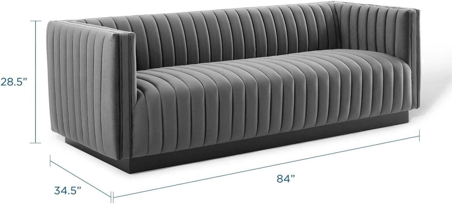 Gray Tufted Velvet Tuxedo Arm Sofa with Wood Base