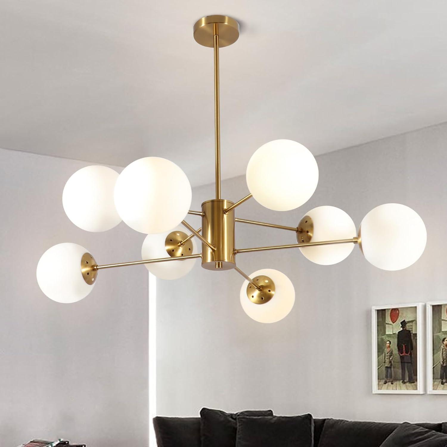 KCO Lighting 8-Light Glass Sputnik Chandelier Light Modern Gold Chandeliers Pendant Light Fixture Vintage Globe Ball Ceiling Flush Mount Light Fixture Kitchen Island